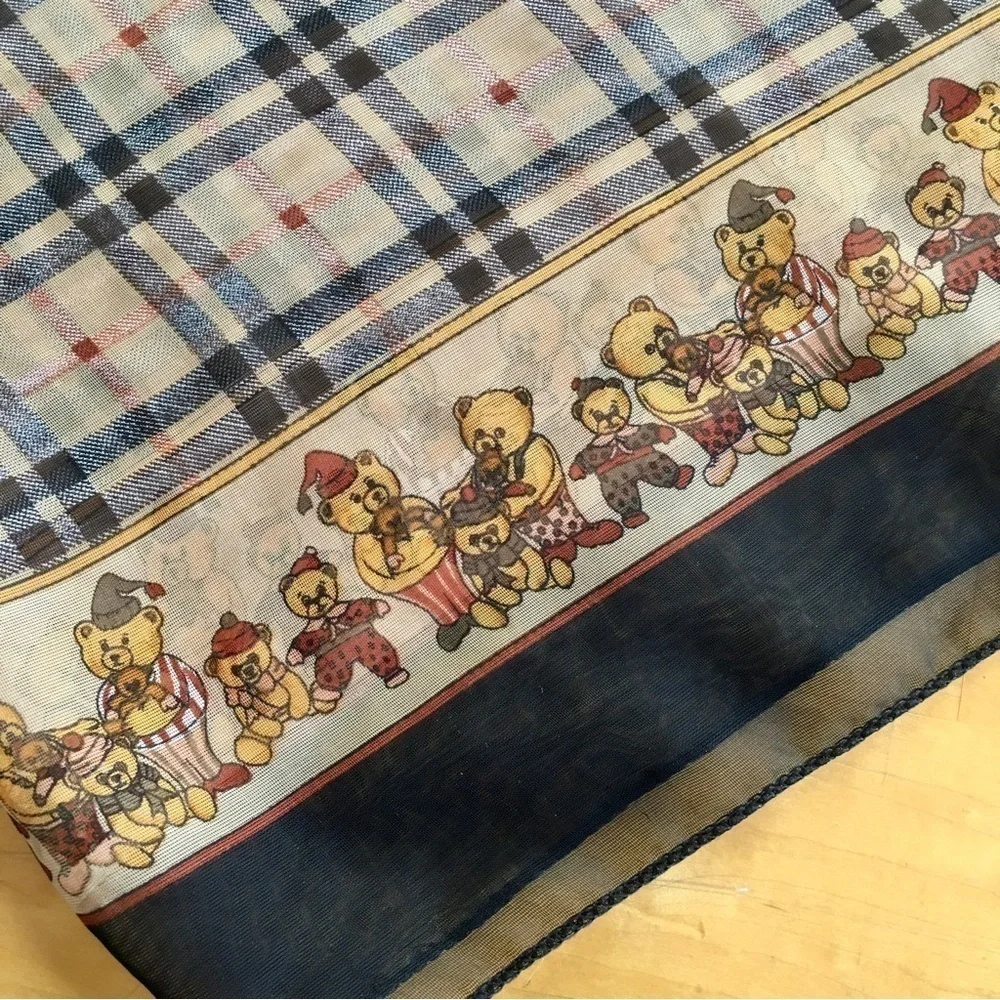 Teddy Bear and Plaid Semi Sheer Scarf, Brown, Tan, Black, Red